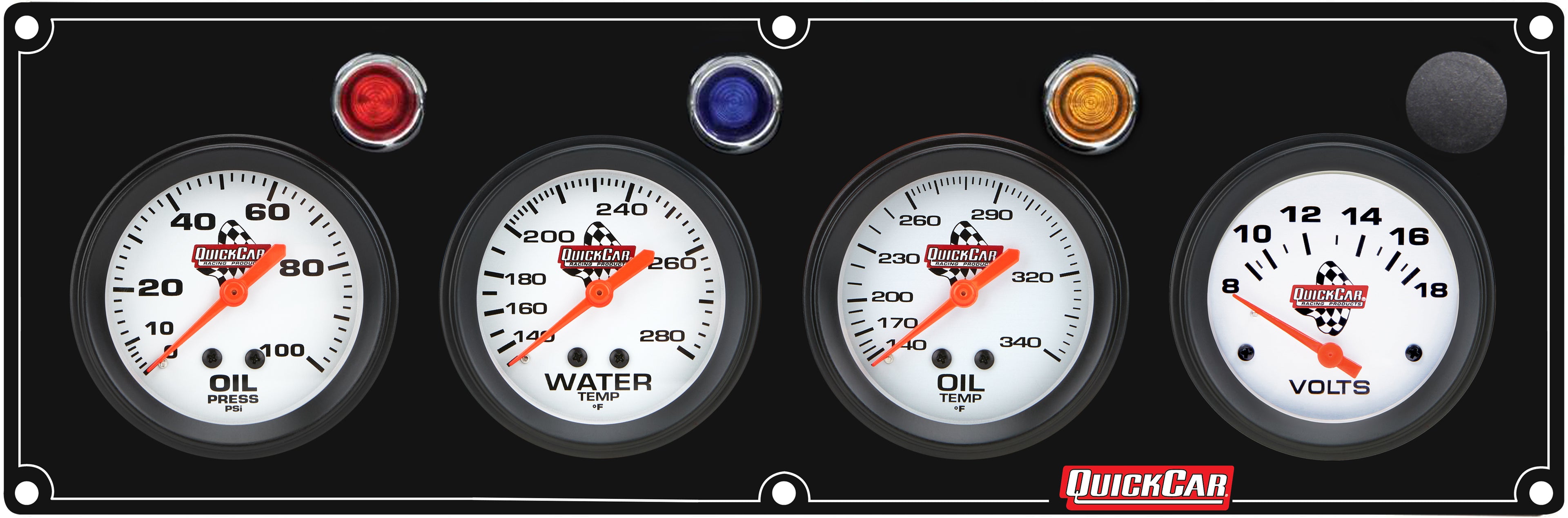 QuickCar Racing Products QRP61-6727 Legend Series 4-Gauge Panel Assembly with Oil Pressure, Oil Temperature, Water Temperature, and Voltmeter, 2-5/8 Inch Diameter, White Face with Warning Light