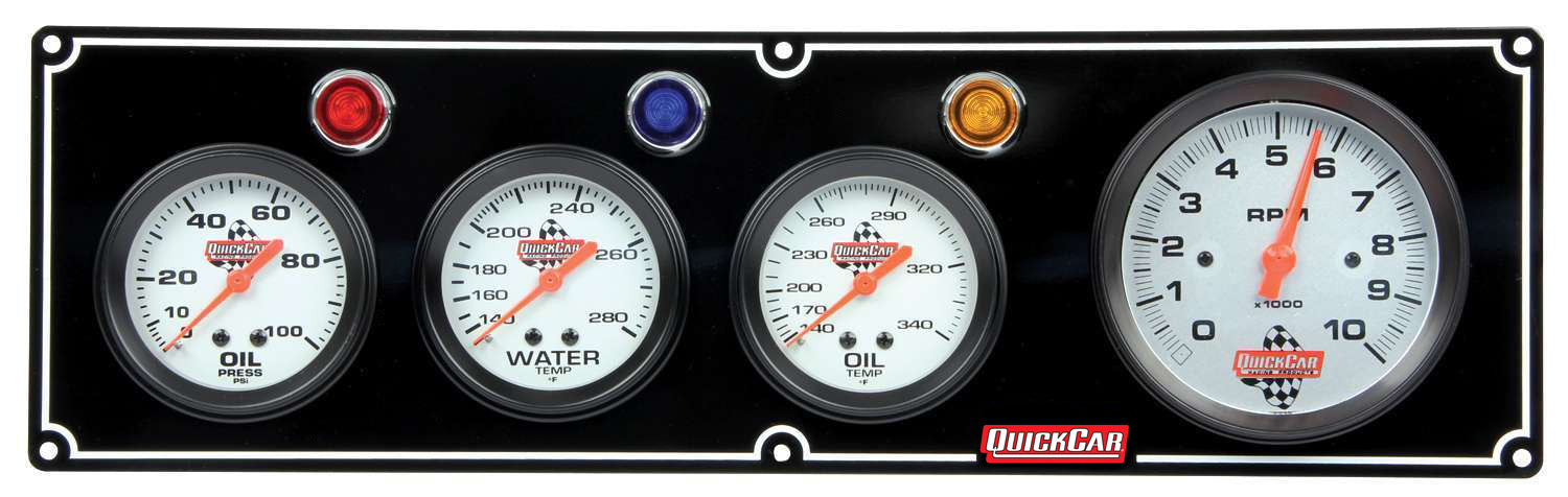 QuickCar Racing Products 61-67413 Gauge Panel Assembly with Oil Pressure, Oil Temperature, Tachometer, and Water Temperature - 3-3/8 Inch and 2-5/8 Inch Diameter, Silver Face, Warning Light