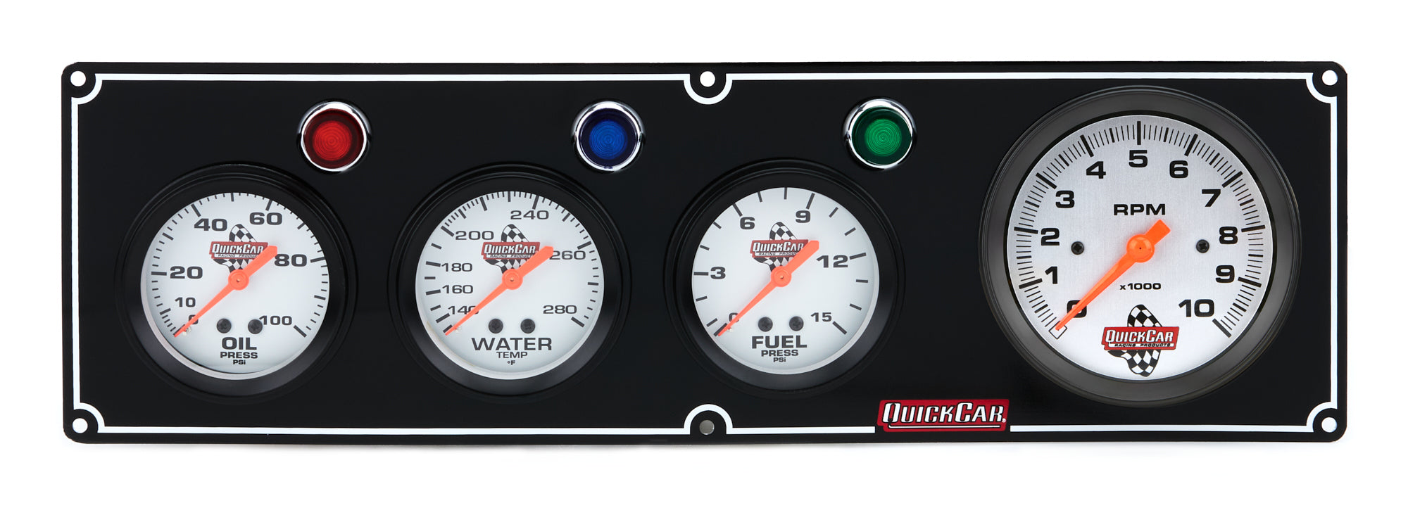 QuickCar Racing Products 61-67423 Gauge Panel Assembly with Oil Pressure, Water Temperature, Fuel Pressure, and Tachometer, 3-3/8 Inch Diameter, Silver Face