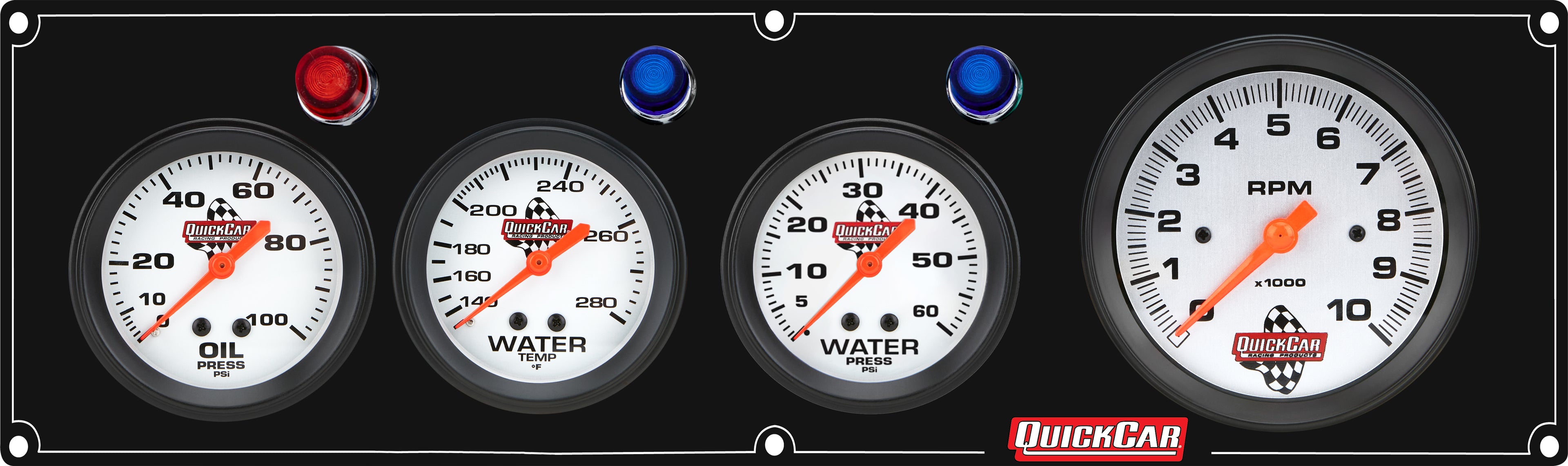 QuickCar Racing Products 61-67463 Legend Series Gauge Panel Assembly with Oil Pressure, Water Temperature, Water Pressure, 3-3/8 Inch Tachometer, White Face