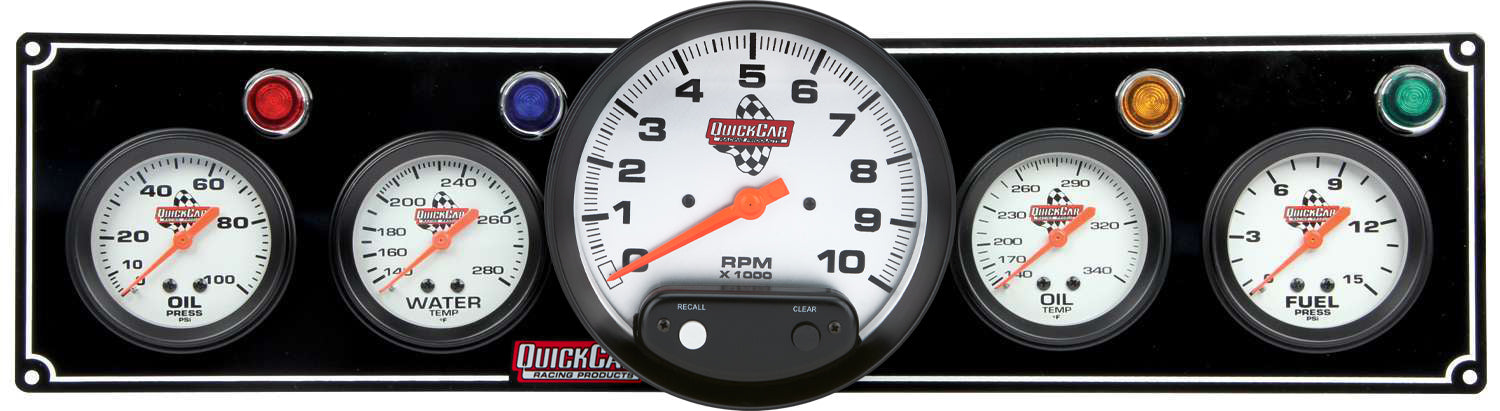 Quickcar Racing Products 61-6751 Gauge Panel Assembly with Fuel Pressure, Oil Pressure, Oil Temperature, Water Temperature, and Tachometer - 5 Inch Diameter, Silver Face