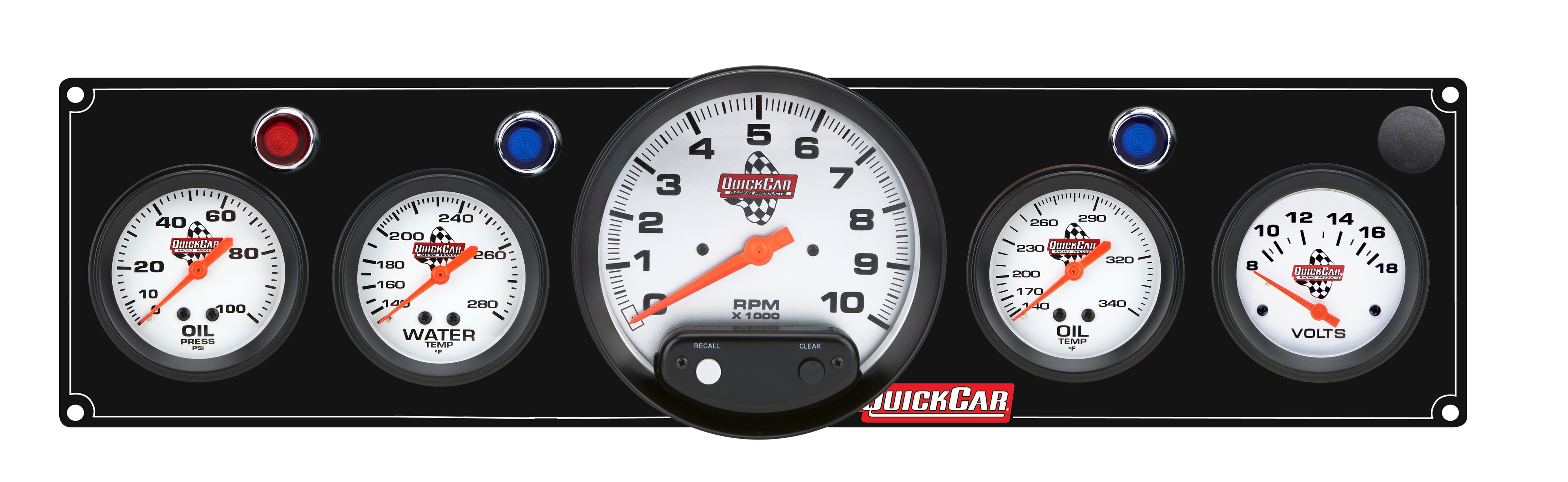 QuickCar Racing Products 61-6757 Legend Series Gauge Panel Assembly for Automotive Dash with Oil Pressure, Oil Temperature, Water Temperature, Voltmeter, and 5-Inch Tachometer - White Face