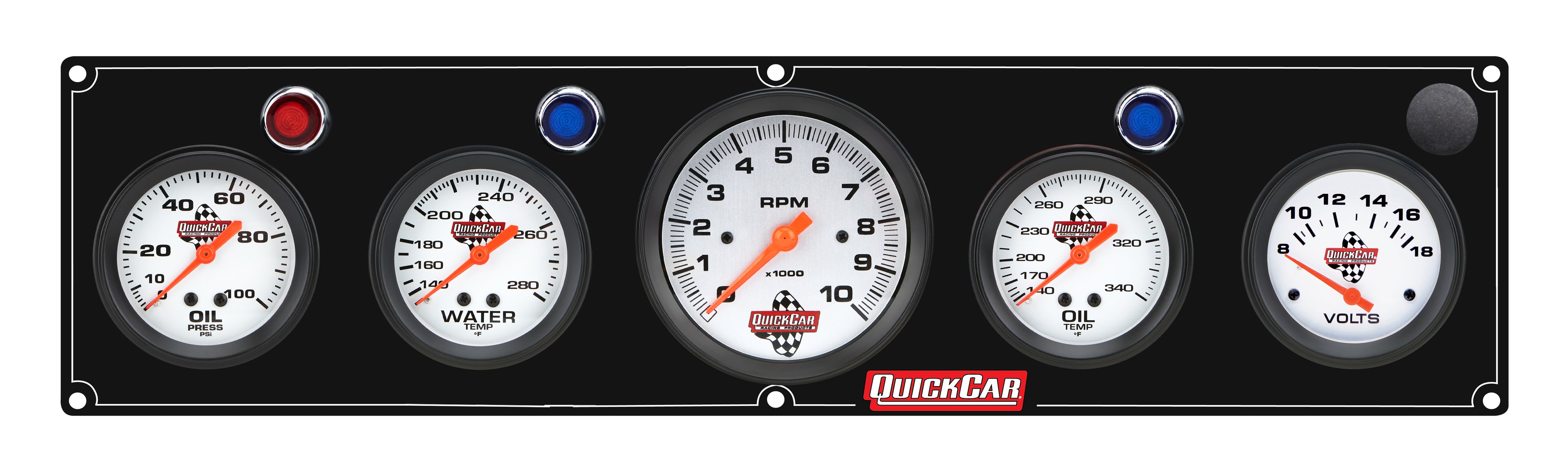 QUICKCAR Racing Products 61-67573 Legend Series Gauge Panel Assembly with Oil Pressure, Oil Temperature, Water Temperature, Voltmeter, and 3-3/8 Inch Tachometer with White Face