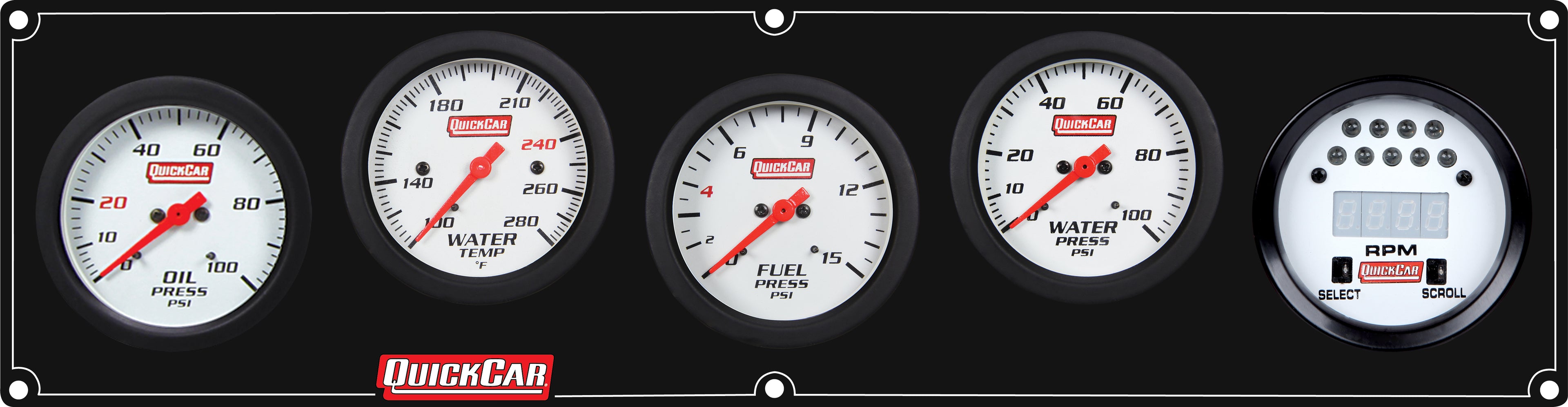 QuickCar Racing Products QRP61-7052 Extreme 4-1 Panel with Tachometer, Oil Pressure, Water Temperature, Water Pressure, Fuel Pressure, and Warning Lights, 2-5/8 Inch White Face