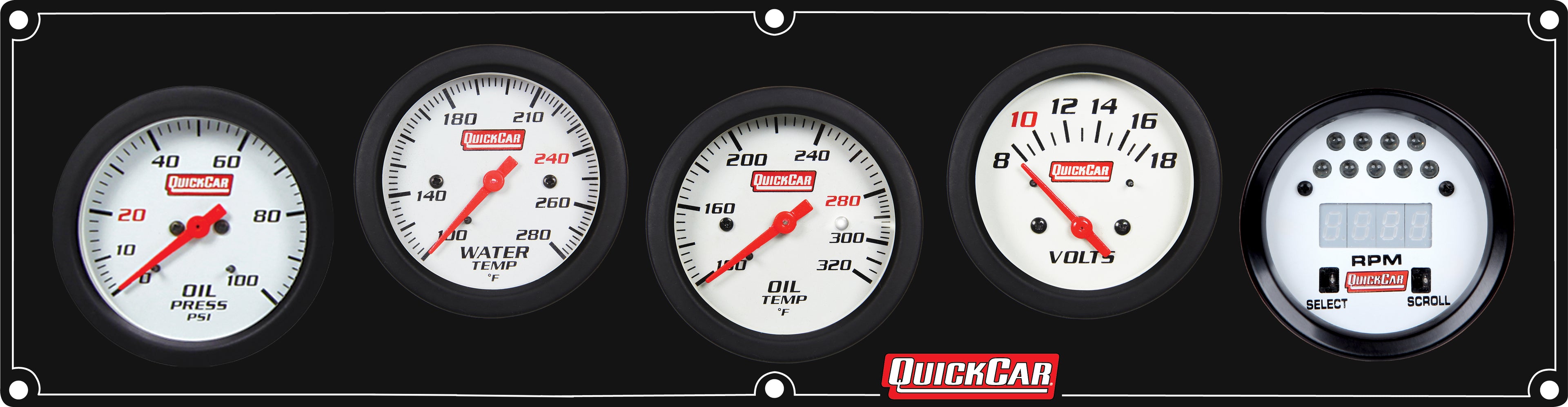 QuickCar Racing Products QRP61-7057 Extreme 4-1 Panel with Tachometer, Oil Pressure, Oil Temperature, Water Temperature, Volt Meter, Warning Light, 2-5/8 Inch Diameter, White Face