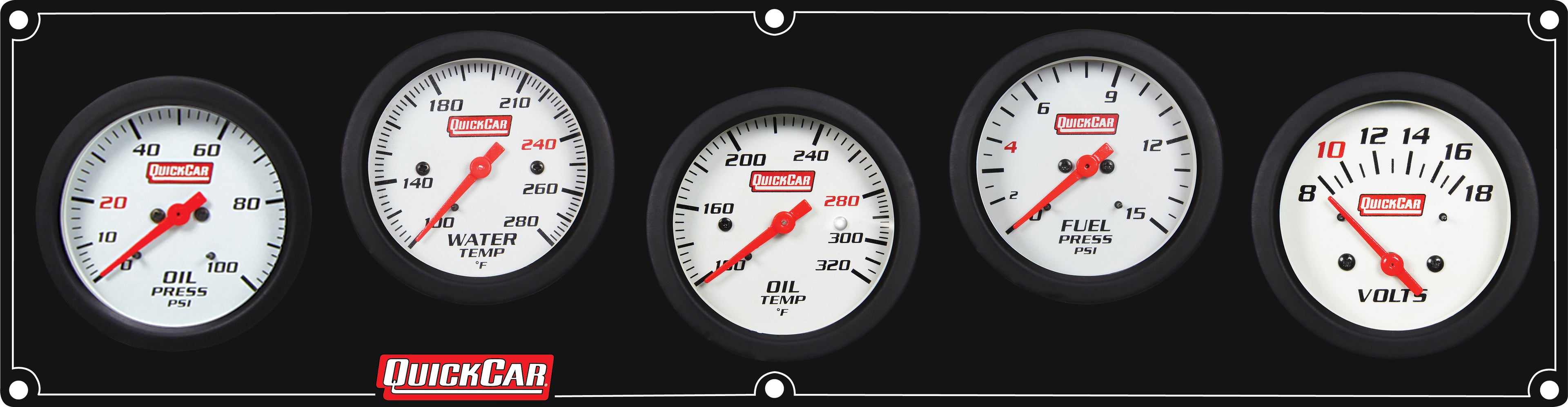 Quickcar Racing Products QRP61-7067 Extreme 5 Panel Gauge Cluster with Fuel, Oil, Water Temperature, Oil Pressure, and Voltmeter, 2-5/8 Inch White Face with Warning Light