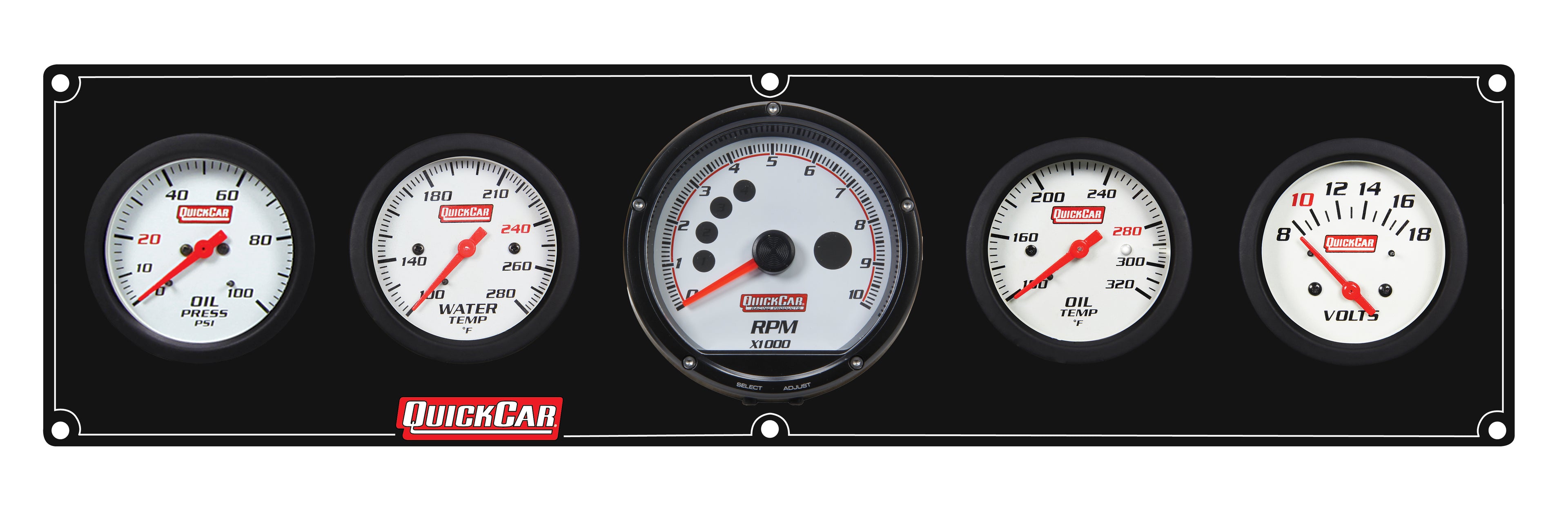 QuickCar Racing Products 61-7357 Extreme 4-Inch Panel Gauge Assembly with Oil Pressure, Oil Temperature, Water Temperature, Voltmeter, and Tachometer, White Face