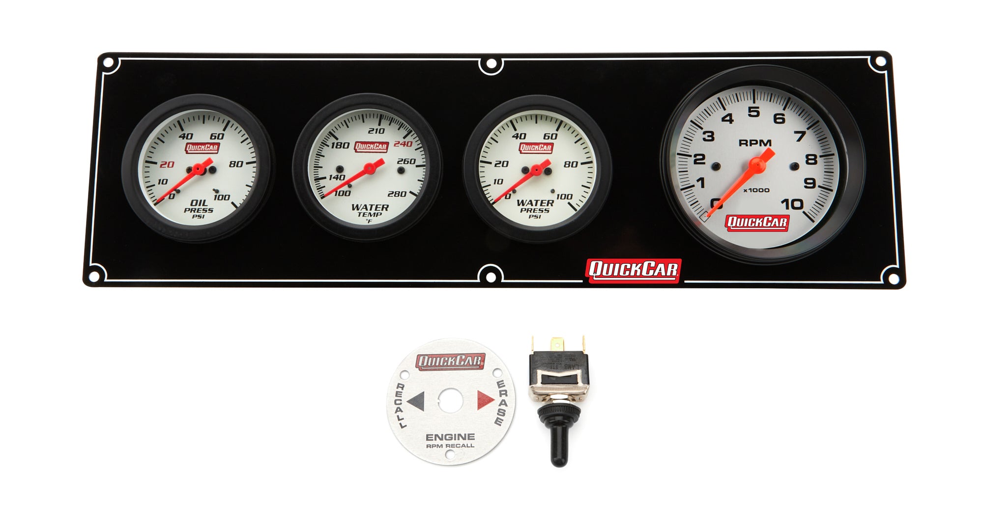 QuickCar Racing Products Extreme 3-1 Gauge Panel Assembly with Oil Pressure, Water Temperature, Water Pressure, and Tachometer, 3-3/8 Inch White Face with Warning Light