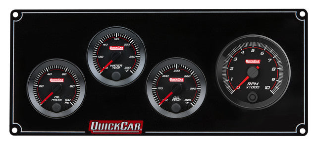 QUICKCAR RACING PRODUCTS RedLine Panel 2-1/16 Inch Gauge Assembly with Oil Pressure, Water Temperature, Oil Temperature, and Tachometer, Black Face Aluminum Kit