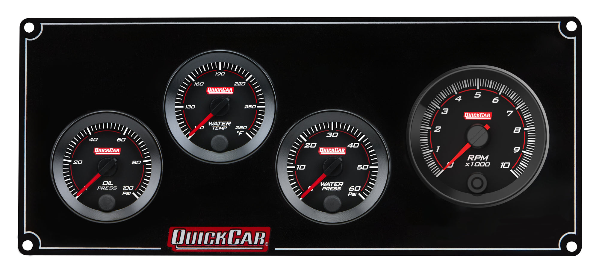 QuickCar Racing Products RedLine Panel 2-1/16 Inch Gauge Assembly with Oil Pressure, Water Temperature, Water Pressure, and Tachometer - Black Face Aluminum Kit