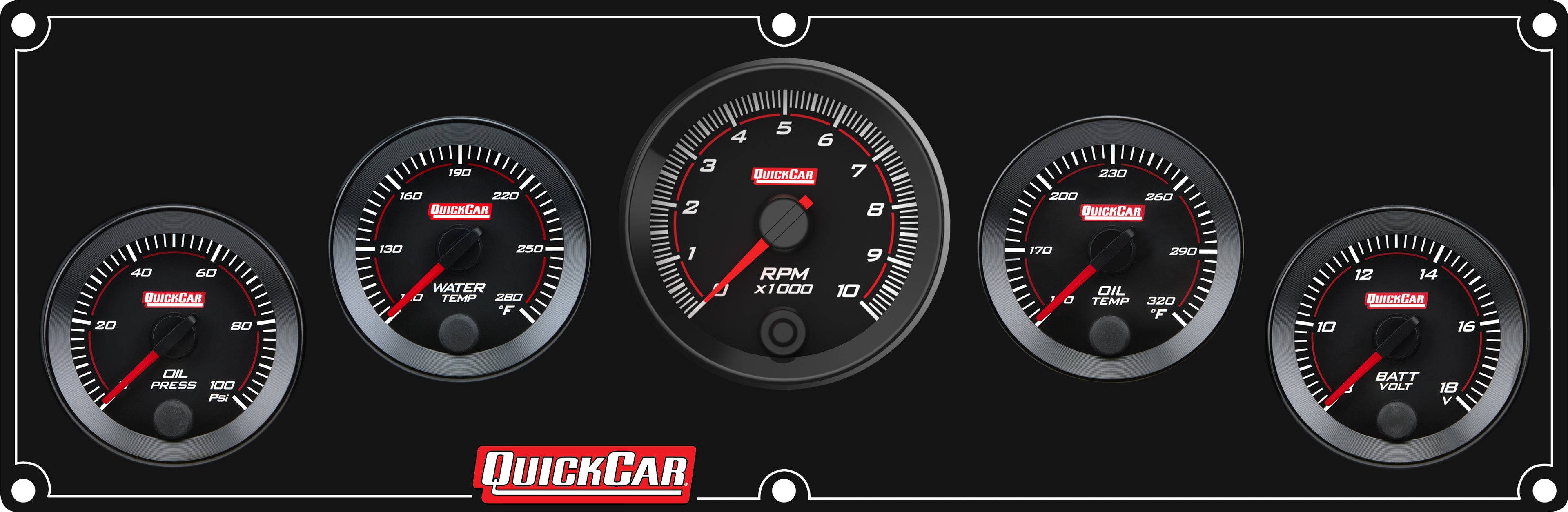 QuickCar Racing Products QRP65-4057 RedLine Gauge Panel with Oil Pressure, Water Temperature, Oil Temperature, Voltmeter, and Tachometer - Black Face Aluminum Kit