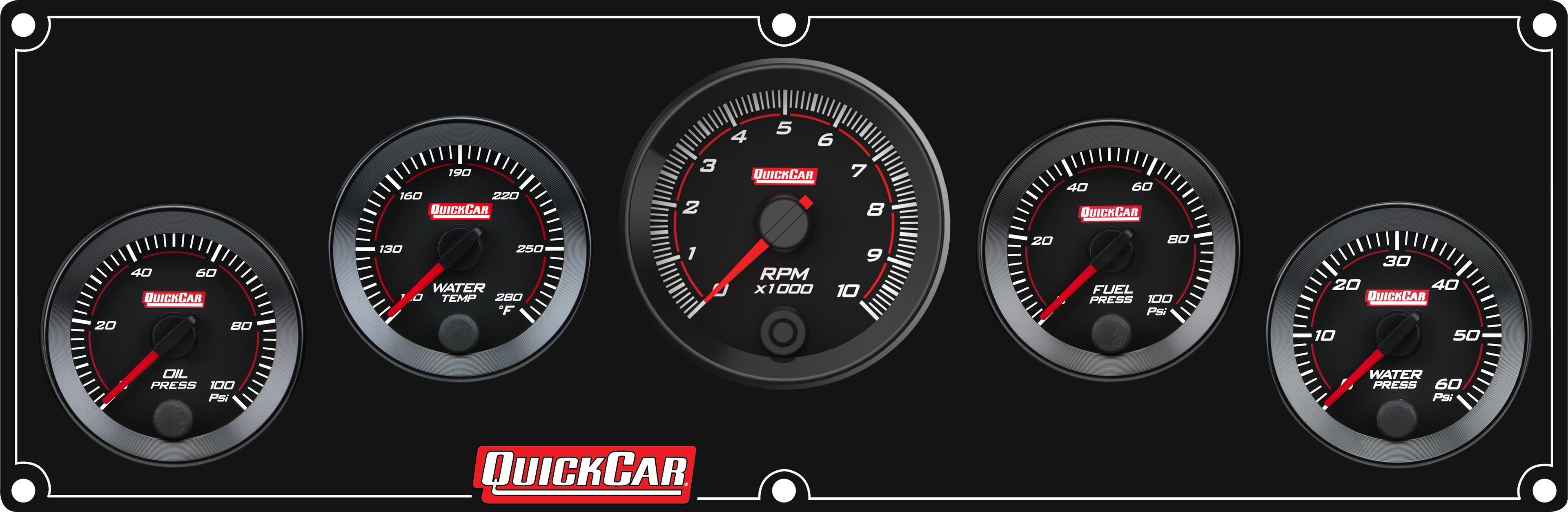 QuickCar Racing Products QRP65-4058 RedLine Panel with Oil Pressure, Water Temperature, Fuel Pressure, Water Pressure, and Tachometer Gauges
