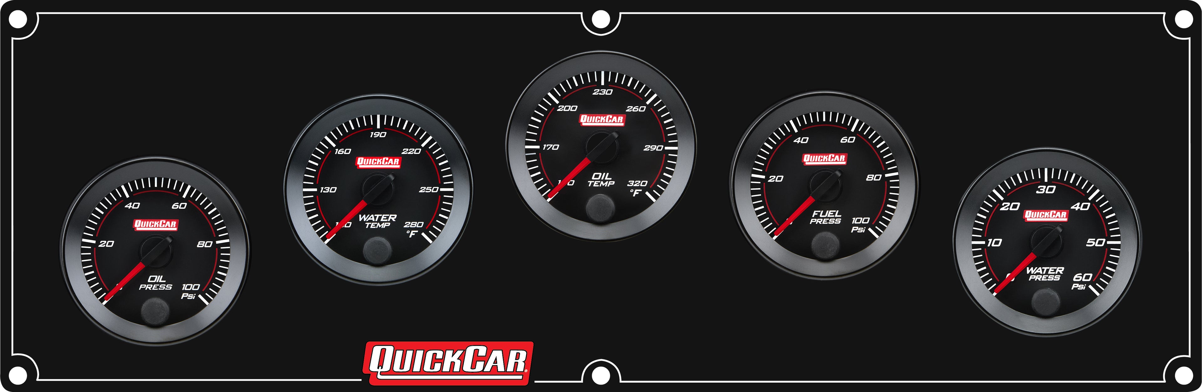QuickCar Racing Products QRP65-5032 RedLine Gauge Panel Assembly with Oil Pressure, Water Temperature, Oil Temperature, Fuel Pressure, and Water Pressure Gauges