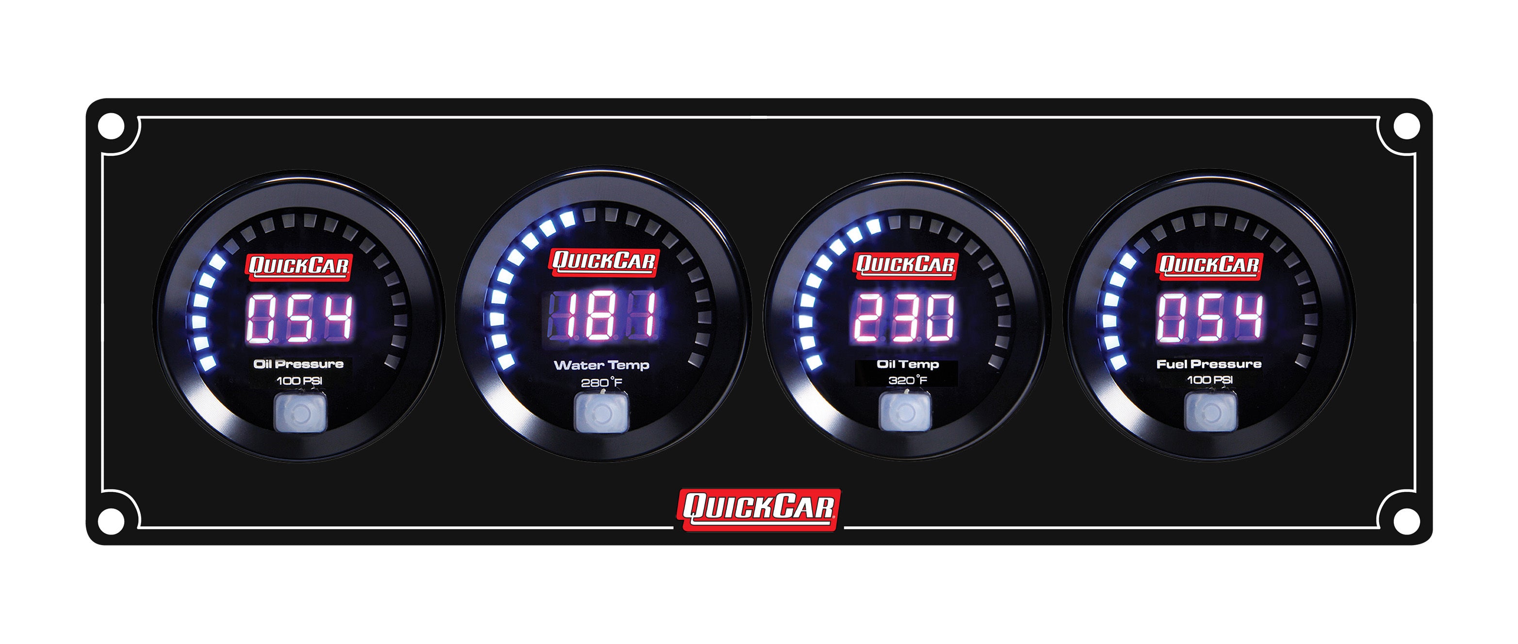 QuickCar Racing Products Digital 4 Gauge Panel Assembly with Oil Pressure, Water Temperature, Oil Temperature, and Fuel Pressure - Black Face