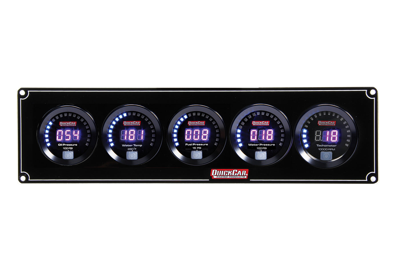 QuickCar Racing Products Digital 4-in-1 Gauge Panel Assembly with Oil Pressure, Water Temperature, Fuel Pressure, Water Pressure, and Tachometer - Black Face
