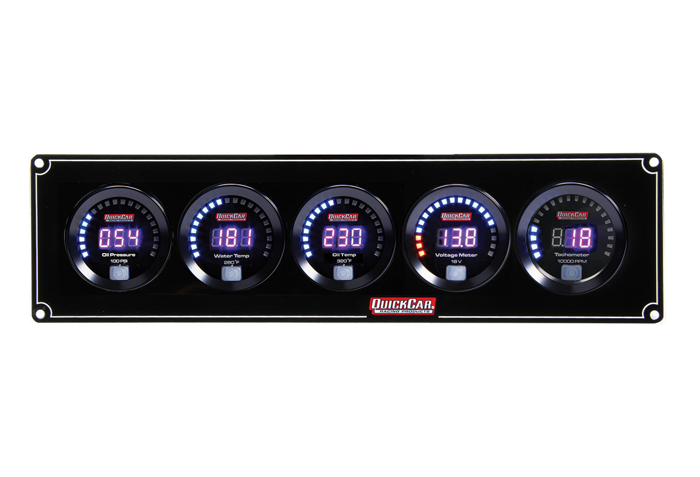 QUICKCAR RACING PRODUCTS Digital 4-in-1 Gauge Panel Assembly with Oil Pressure, Water Temperature, Oil Temperature, Voltmeter, and Tachometer - Black Face