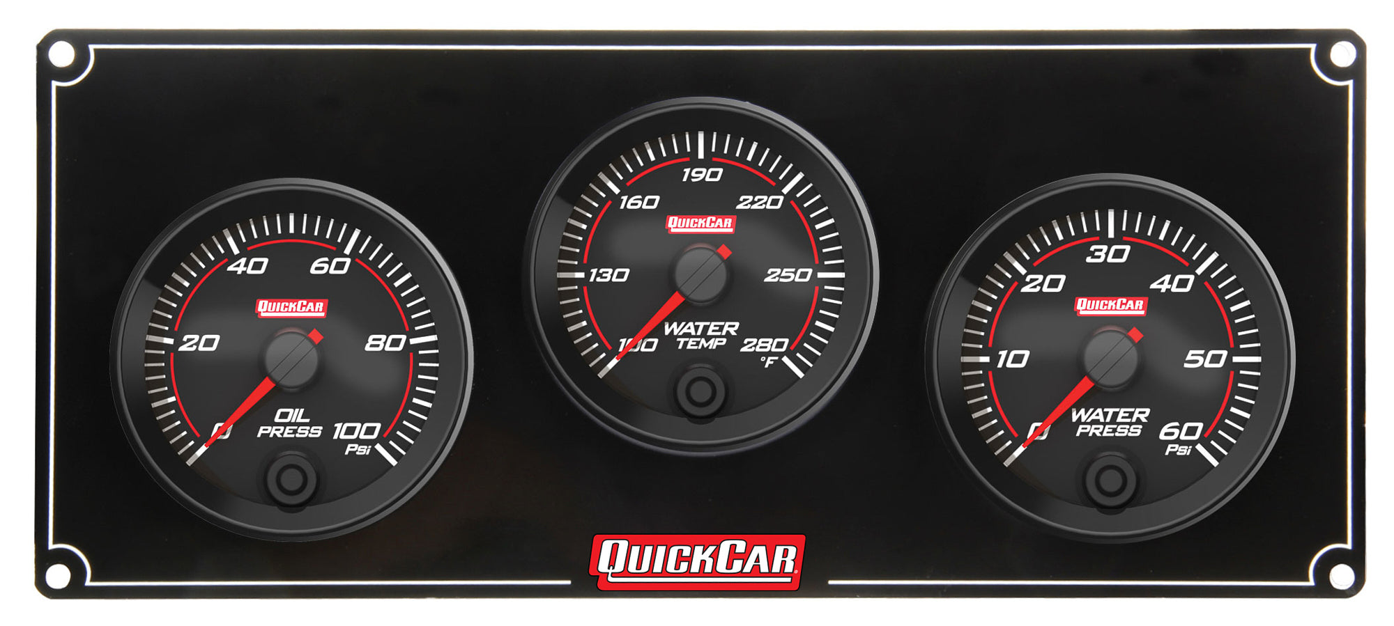QUICKCAR RACING PRODUCTS Redline 3 Gauge Panel Assembly with Oil Pressure, Water Temperature, and Water Pressure, 2-5/8 Inch Diameter, Black Face
