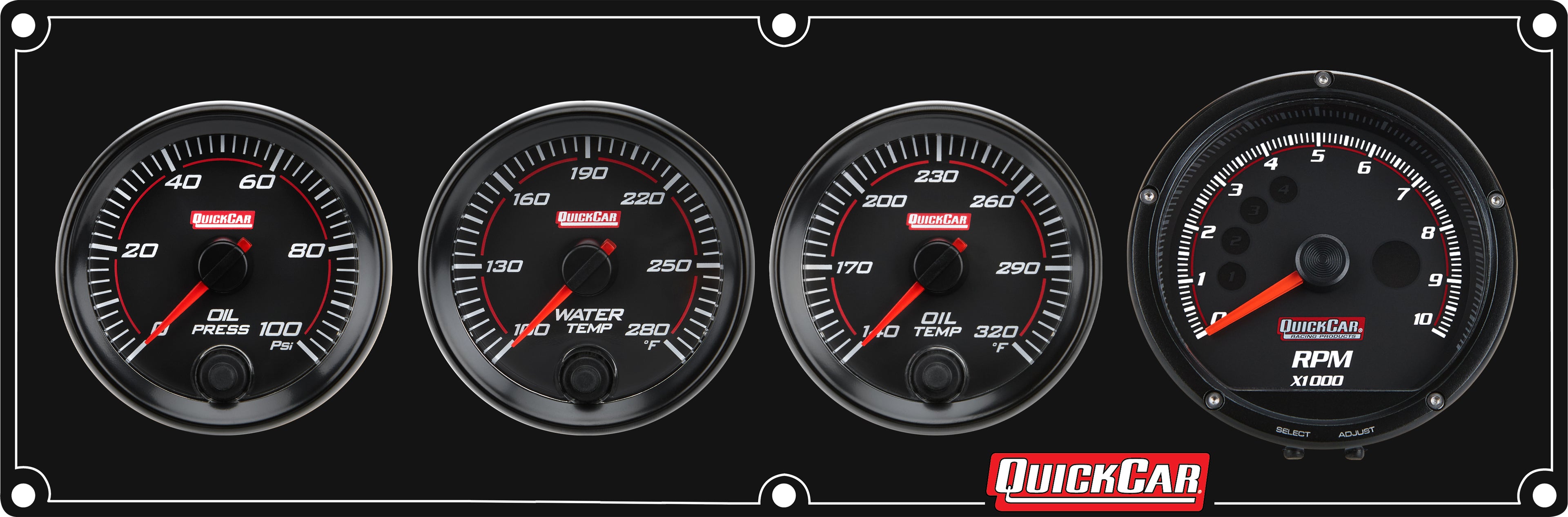 QuickCar Racing Products QRP69-3041 Redline Gauge Panel Assembly with Oil Pressure, Oil Temperature, Water Temperature, and Recall Tachometer, 3-Inch and 2-5/8-Inch Diameter, Black Face