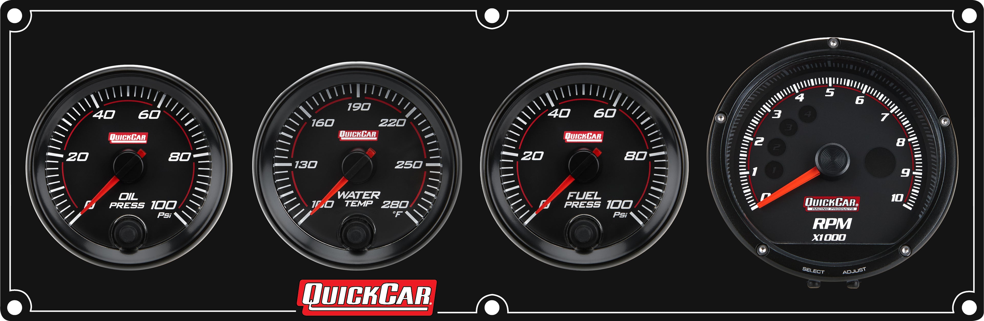 QuickCar Racing Products QRP69-3048 RedLine Gauge Panel Assembly with Oil Pressure, Water Temperature, Fuel Pressure, and Tachometer