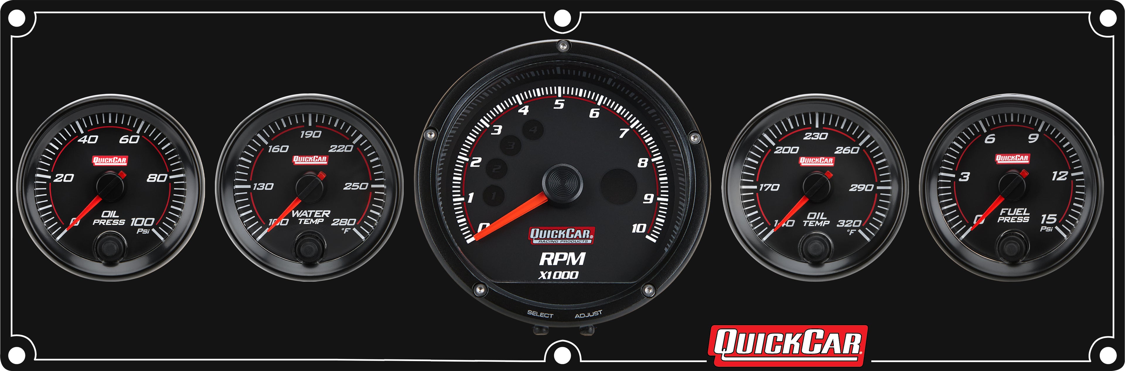 QuickCar Racing Products QRP69-4051 Redline Gauge Panel Assembly with Fuel Pressure, Oil Pressure, Oil Temperature, Water Temperature, and Recall Tachometer, 3 Inch Diameter, Black Face