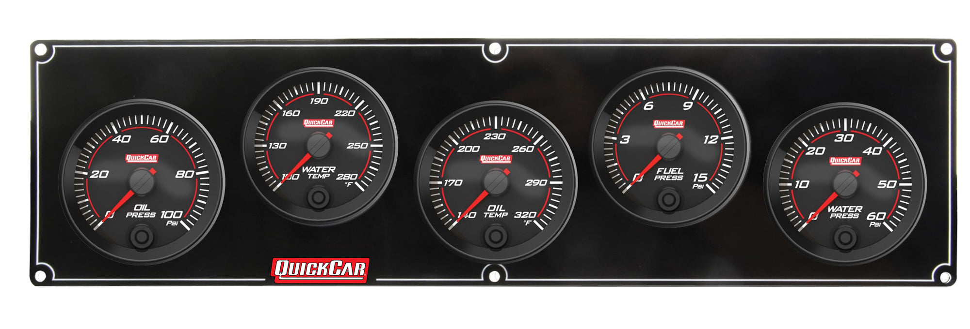 QUICKCAR RACING PRODUCTS Redline 69-5036 Gauge Panel Assembly with Fuel Pressure, Oil Pressure, Oil Temperature, Water Pressure, and Water Temperature Gauges, 2-5/8 Inch Diameter, Black Face