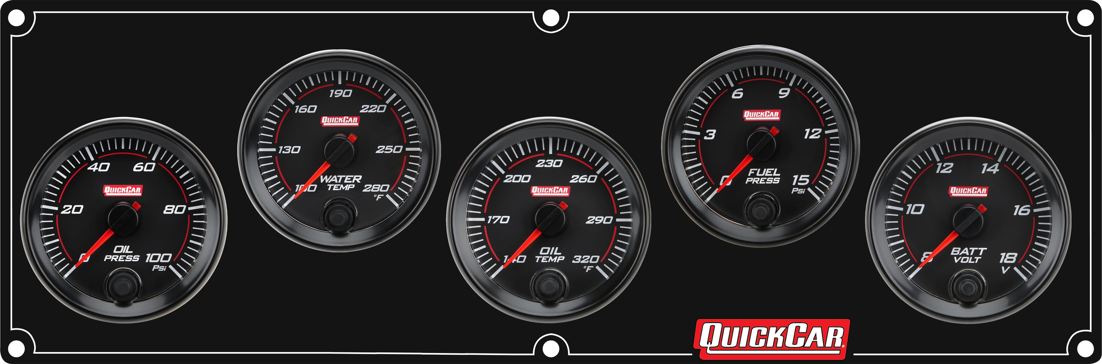 QuickCar Racing Products QRP69-5037 Redline 5-Gauge Panel Assembly with Fuel Pressure, Oil Pressure, Oil Temperature, Volt Meter, and Water Temperature, 2-5/8 Inch Diameter, Black Face