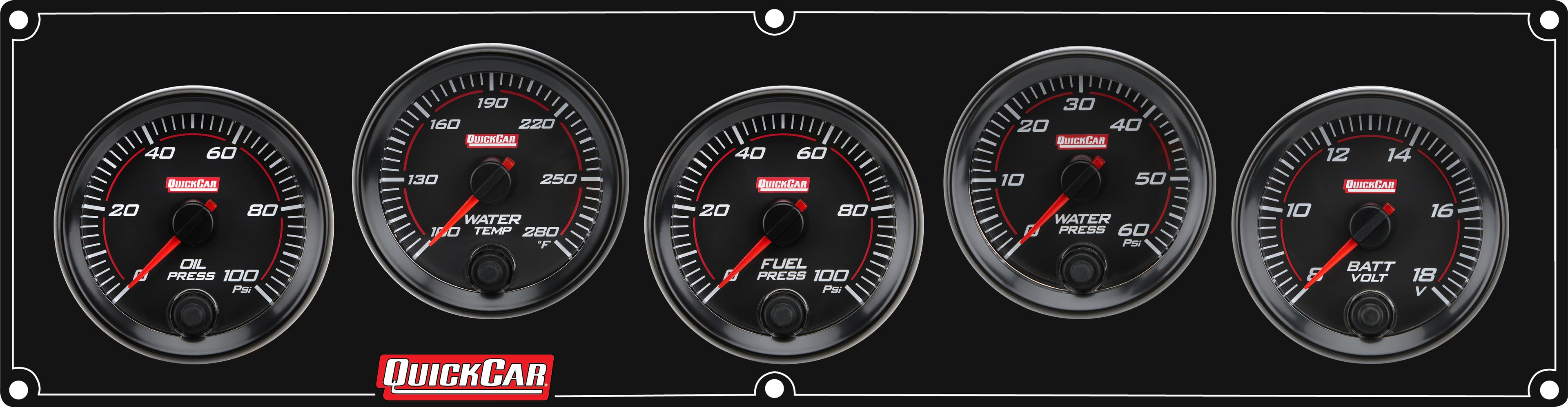 QuickCar Racing Products QRP69-5038 RedLine Gauge Panel Assembly with Oil Pressure, Water Temperature, Fuel Pressure, Water Pressure, and Voltmeter - 2-5/8 Inch Black Aluminum Face