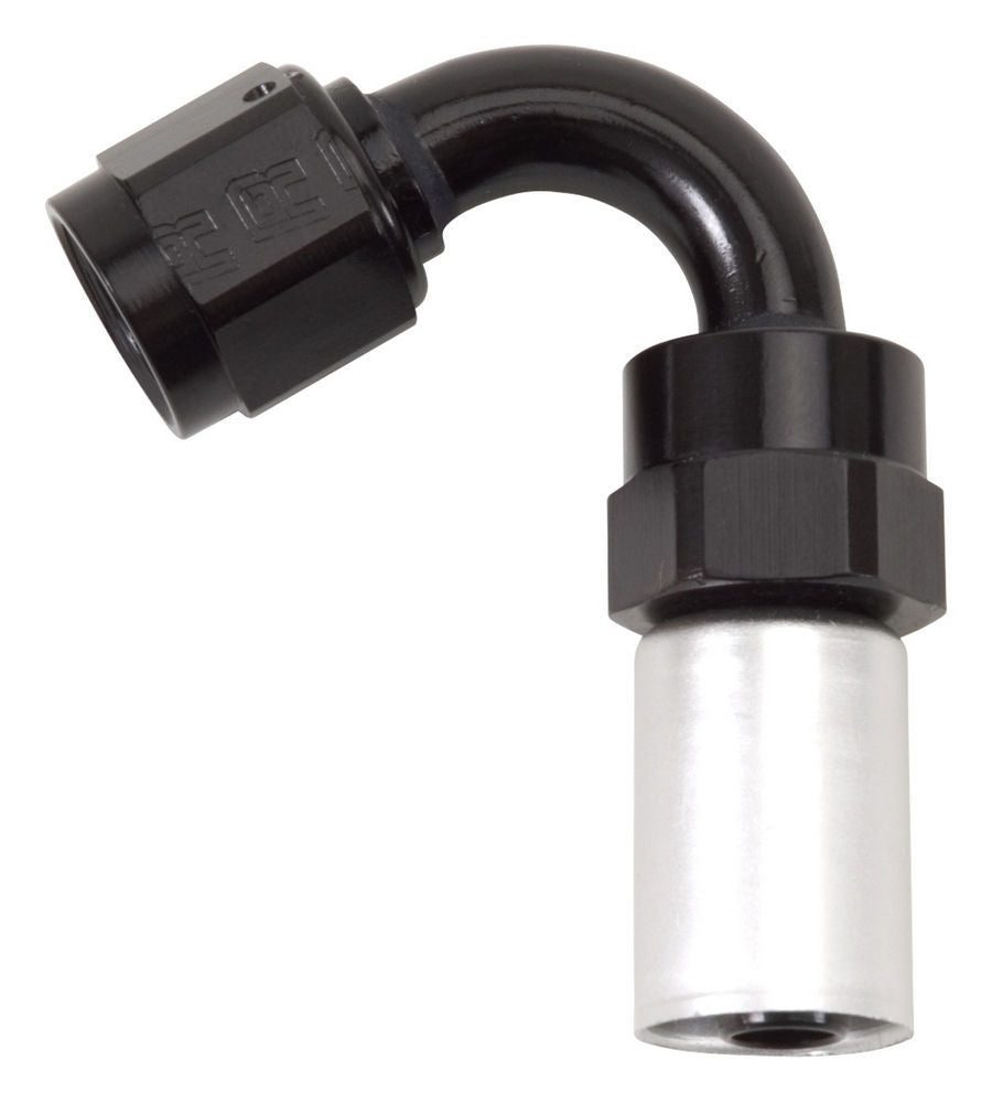 Russell #8 120 Degree Crimp-On Hose Fitting for 8 AN Hose, Aluminum Black and Silver Anodized