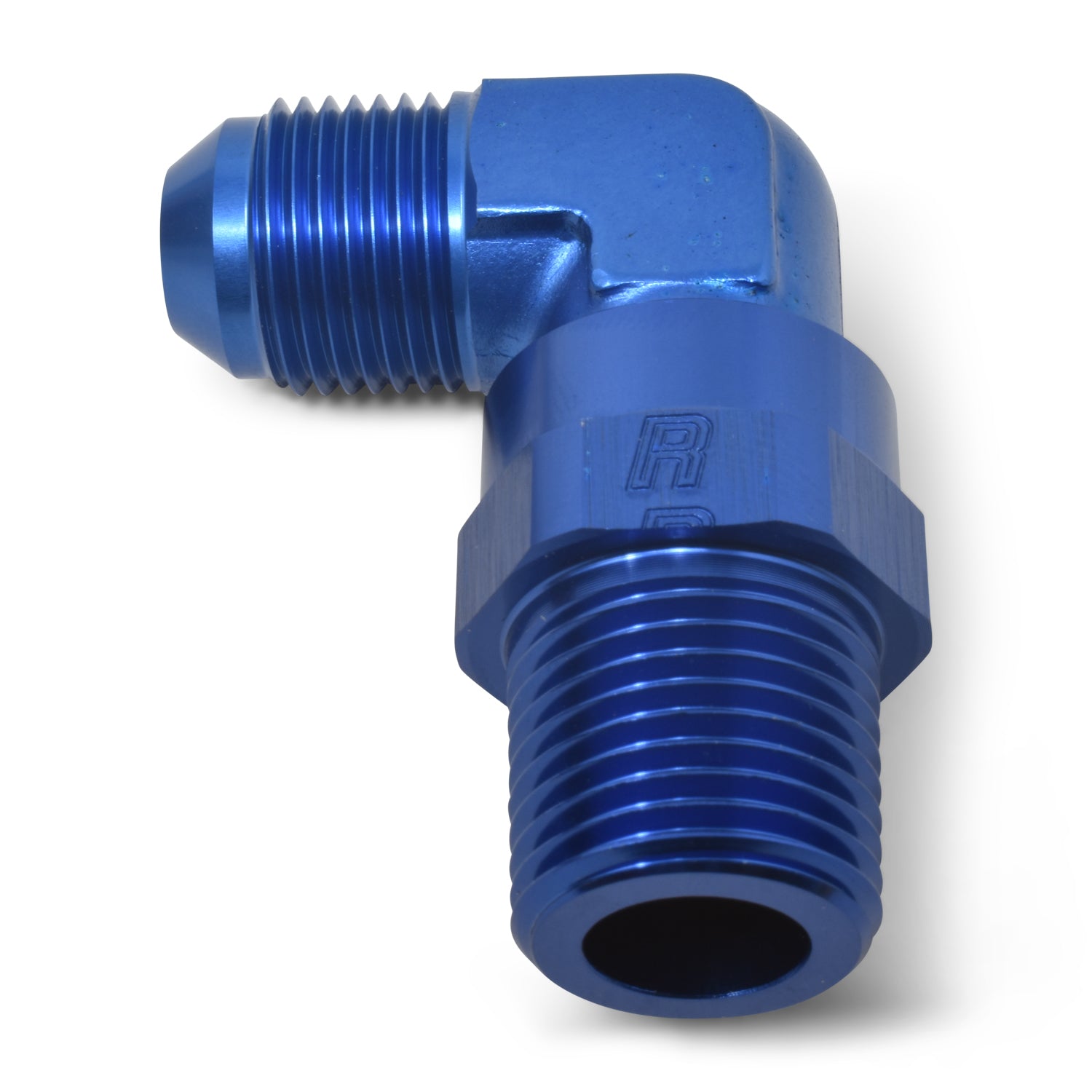 Russell 614108 8AN Male to 1/4 Inch NPT Male Swivel 90 Degree Adapter Fitting in Blue Anodized Aluminum