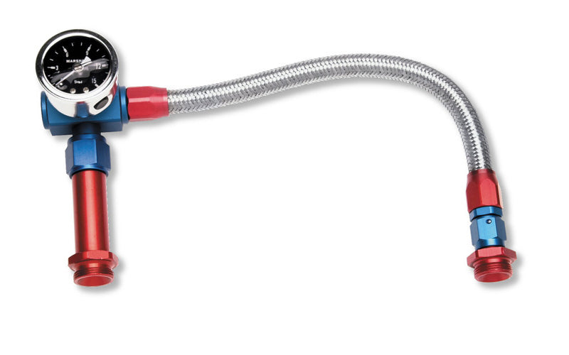 Russell #641100 Carburetor Fuel Line Kit with Gauge for Holley 4150, 3/8 Inch NPT Female Inlet, Dual 7/8-20 Inch Male Outlets, Braided Stainless Steel Hose, Blue, Red, Silver