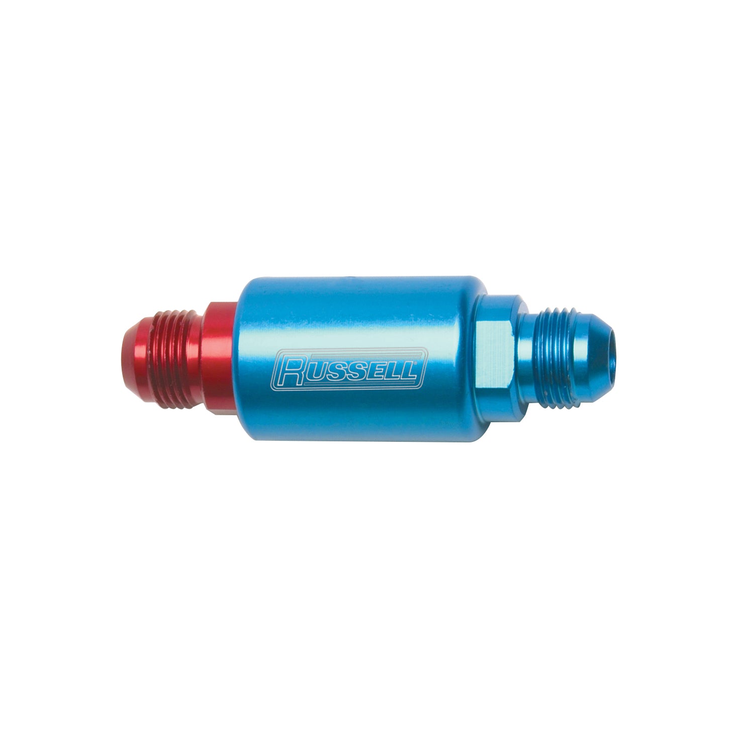Russell 650100 Competition Series Inline Fuel Filter 3-1/4 Inch, 40 Micron Stainless Element, 8 AN Male Inlet and Outlet, Blue and Red Anodized Aluminum