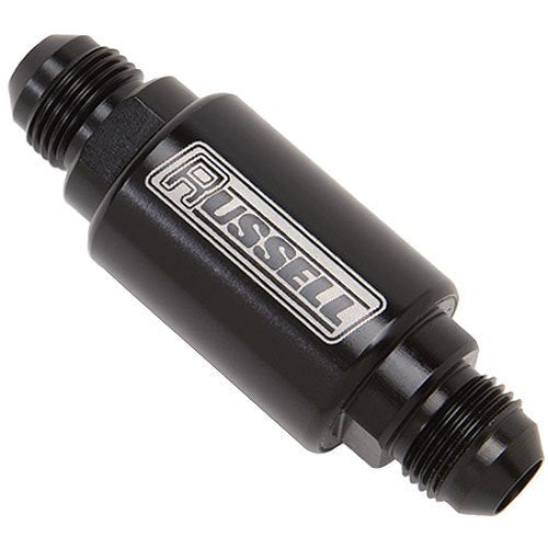 Russell 650103 Competition Series In-Line Fuel Filter, 8 AN Male Inlet and Outlet, 40 Micron Stainless Element, Black Anodized Aluminum