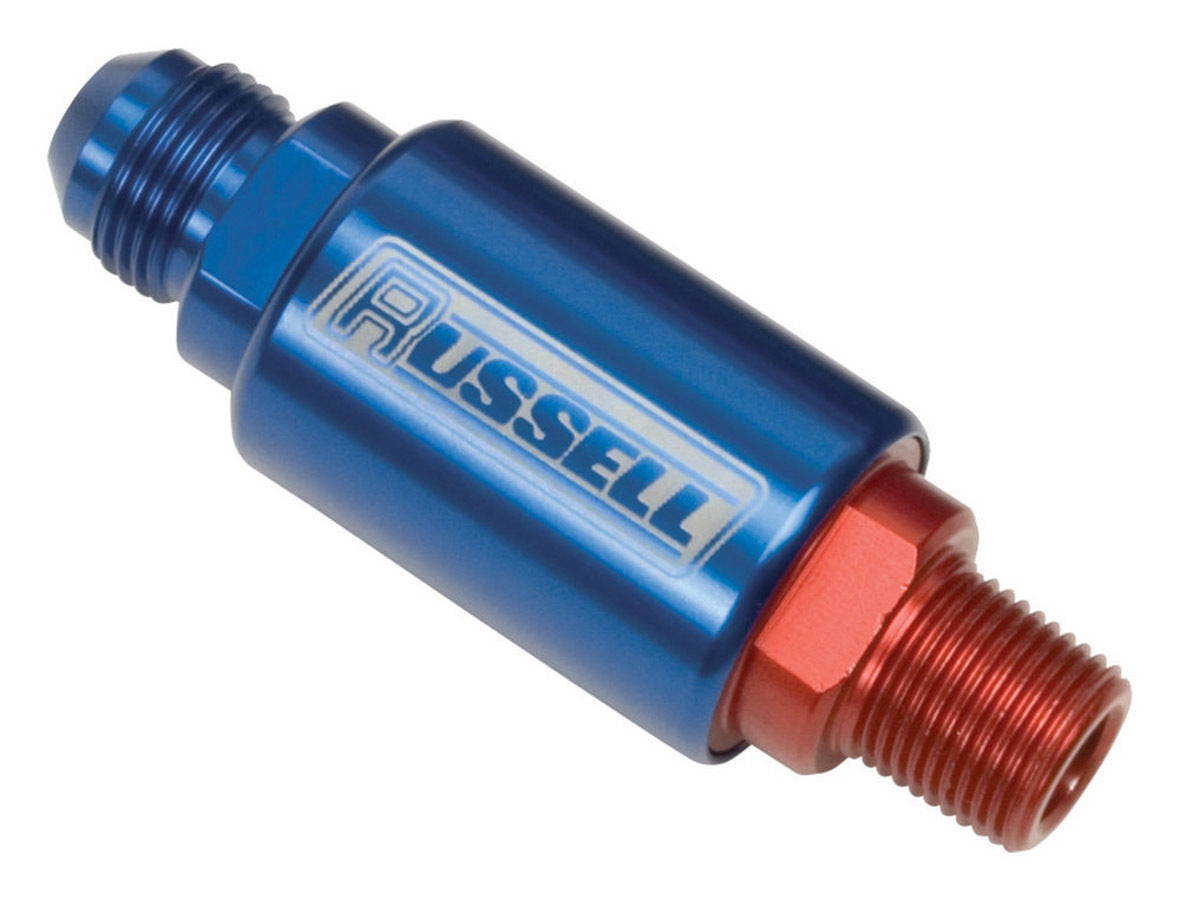 Russell 650190 Competition Series Inline Fuel Filter 6 Micron Stainless Element with 6 AN Male Inlet and 3/8 Inch NPT Male Outlet, Blue and Red Anodized Aluminum