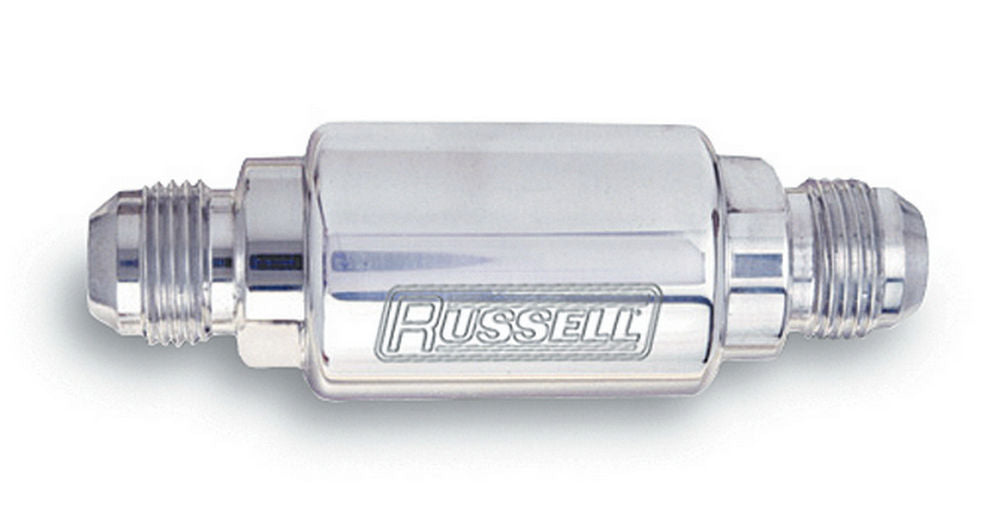 Russell 650200 Competition Series In-Line Fuel Filter 6 Micron, 3/8 Inch NPT Male Outlet, 6 AN Male Inlet, Stainless Element, Polished Aluminum