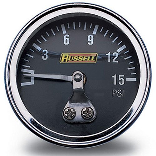 Russell 650330 Fuel Pressure Gauge 0-15 PSI Mechanical Liquid Filled 1-1/2 Inch Diameter Black Dial
