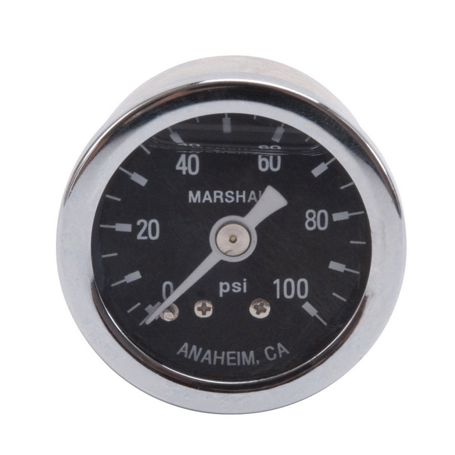 Russell 650340 Fuel Pressure Gauge, 0-100 psi, Mechanical, 1-1/2 Inch Diameter, Liquid Filled, NPT 1/8 Inch Port, Black Dial Face