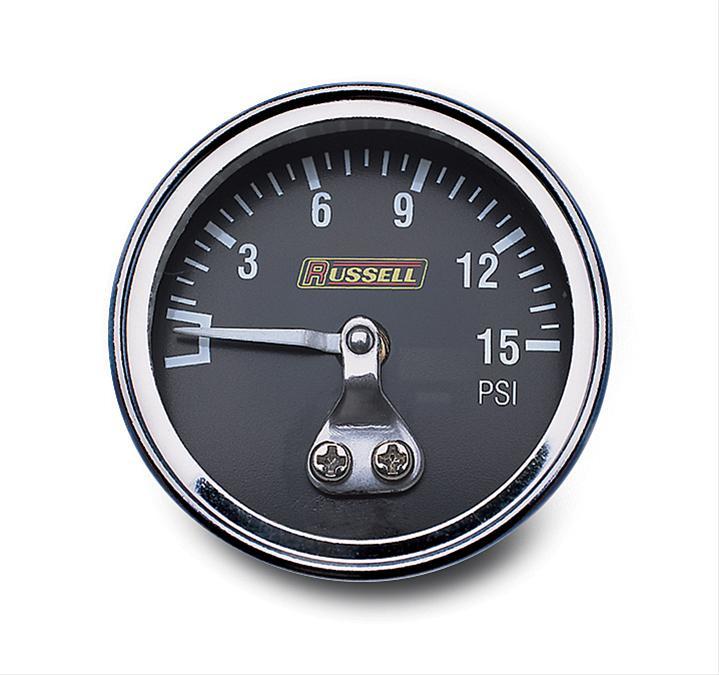 Russell 650350 Mechanical Pressure Gauge 0-15 psi, 1-1/2 Inch Diameter, Black Face, NPT Port