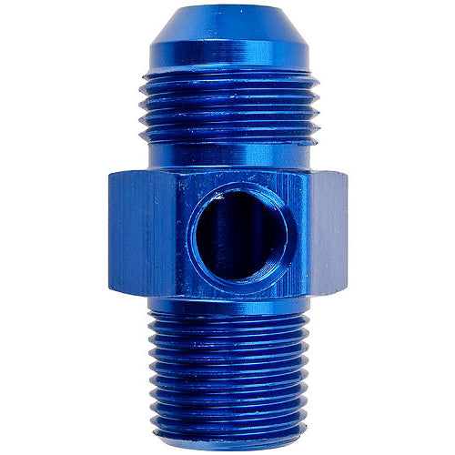 Russell #670060 Fitting - Gauge Adapter, 6 AN Male to 3/8 in NPT Male, 1/8 in NPT Gauge Port, Aluminum, Blue Anodized