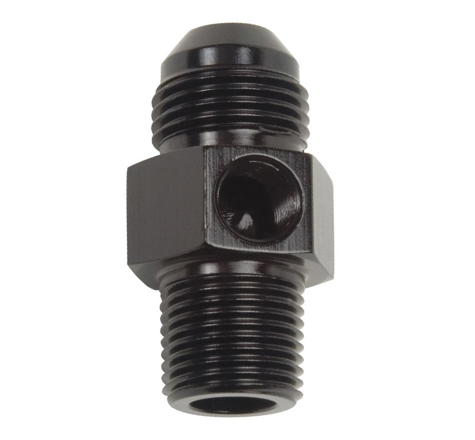 Russell P/C #6 to 3/8 NPT Straight Fitting with 1/8 NPT Gauge Port, Aluminum, Black Anodized