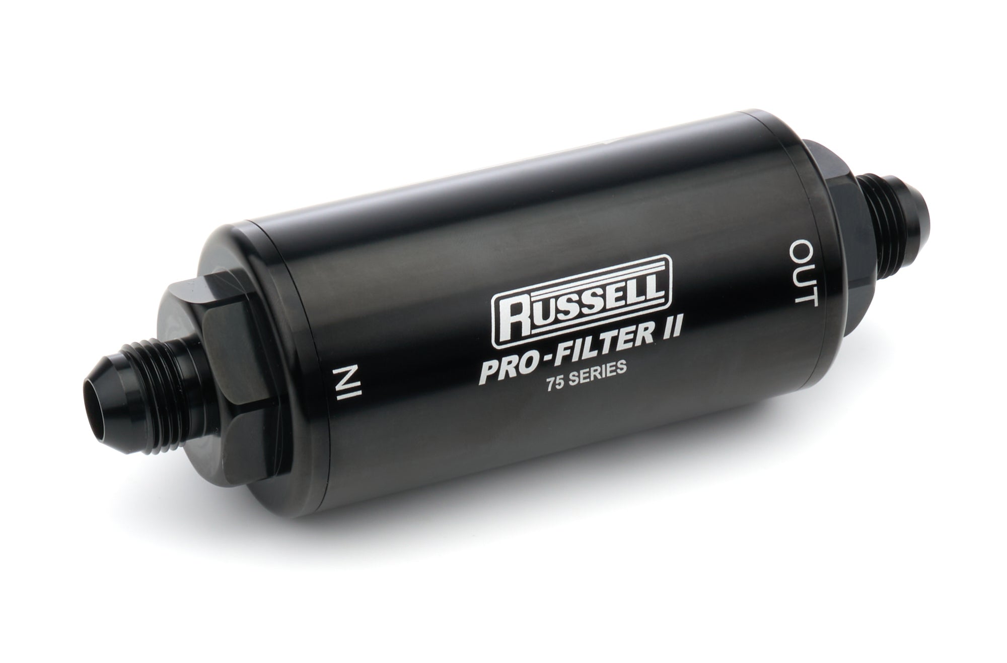 Russell 750801 75 Series Pro-Filter II In-Line Fuel Filter with 8 AN Male Inlet and Outlet, 10 Micron Stainless Element, Black Anodized Aluminum