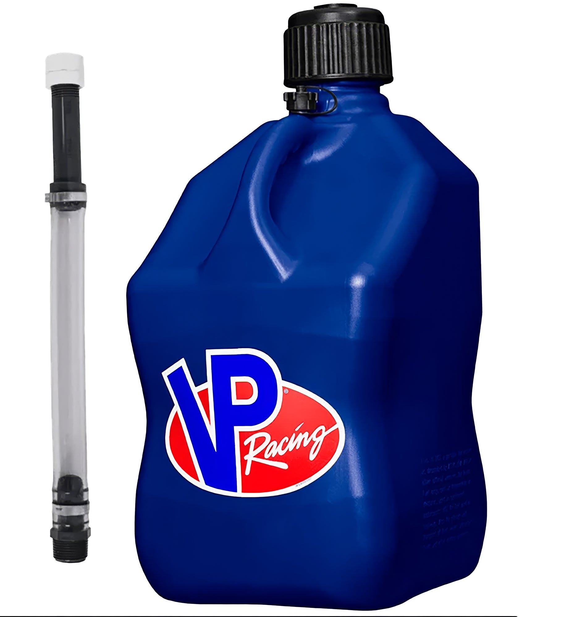 VP Racing 3532-CA-HOSE 5.5 Gallon Blue Square Utility Jug with Filler Hose and O-Ring Seal Cap
