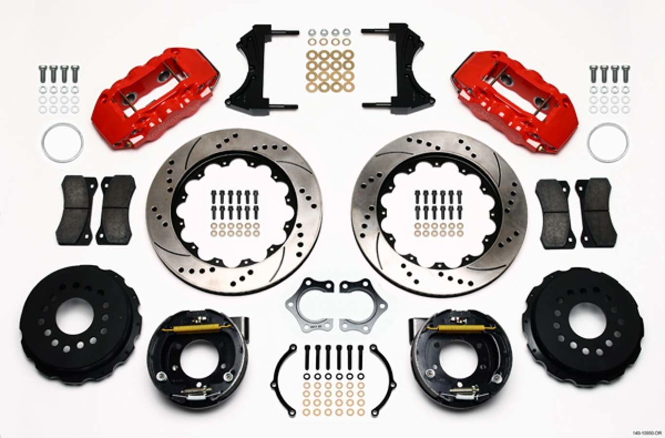 Wilwood 140-10950-DR Aero4 Big Brake Rear Kit for Ford Mustang 2005-2014 with 14 Inch Drilled and Slotted Iron Rotor, 4 Piston Aluminum Caliper, Red Powder Coat