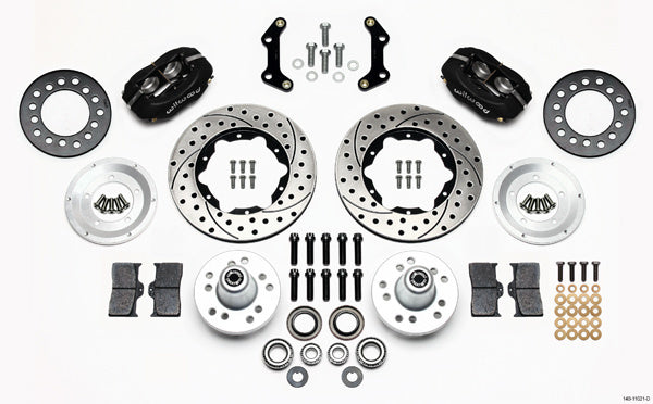 Wilwood 140-11021-D Forged Dynalite Pro Series Front Brake Kit for Mopar B-Body and E-Body 1970-72 with 11-Inch Drilled and Slotted Iron Rotors, Four-Piston Aluminum Caliper, Black Powder Coat Finish