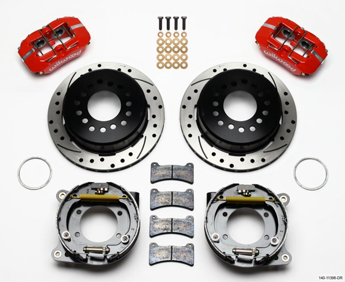 Wilwood 140-11396-DR Dynapro Low-Profile Rear Brake Kit for Ford 8.8-Inch Axle with 4-Piston Caliper and 11-Inch Drilled and Slotted Iron Rotors