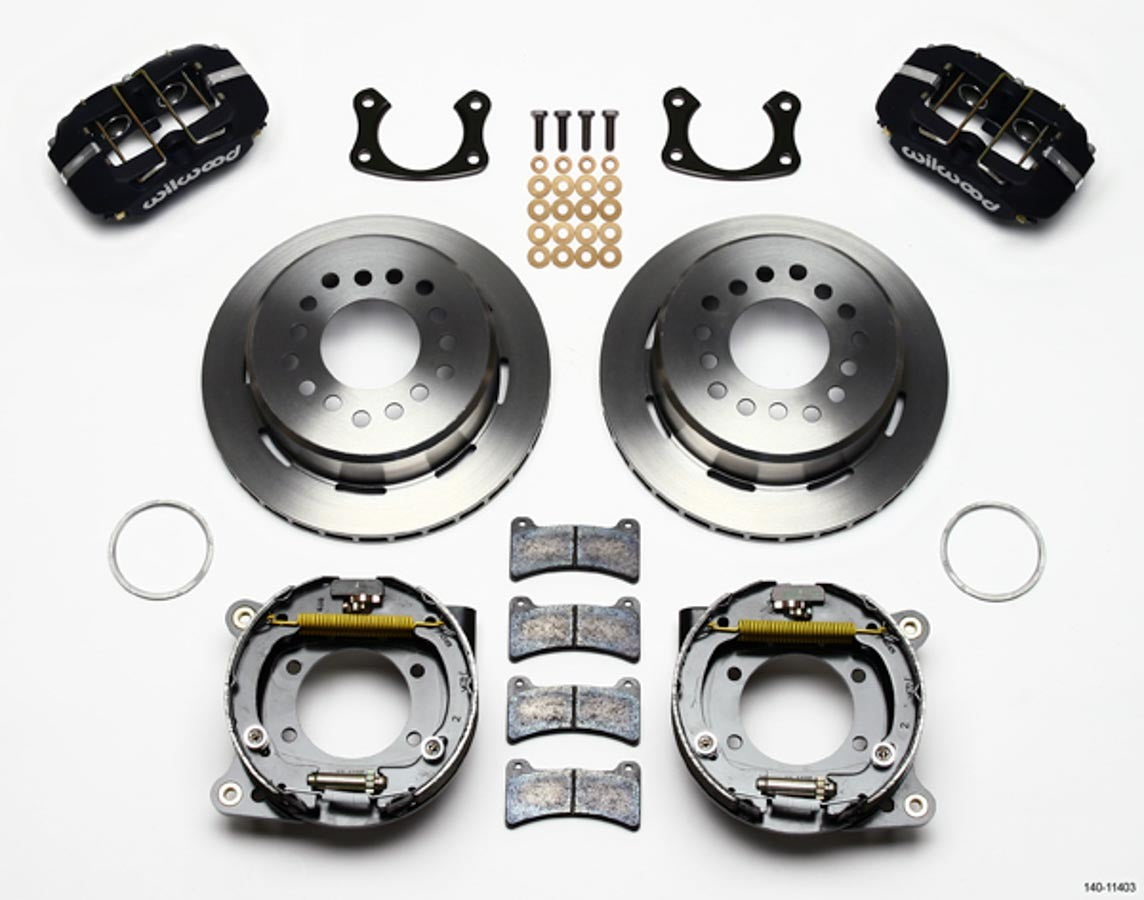 Wilwood Rear Disc Brake Kit for Small Ford with Parking Brake - Dynapro Low-Profile, 4-Piston Caliper, 11 Inch Plain Iron Rotor, Aluminum Offset Hat, Black Powder Coat