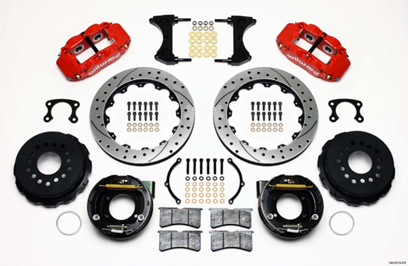 Wilwood 140-9219-DR Rear Disc Brake Kit for Ford New Style with 12.88 Inch Drilled and Slotted Iron Rotors, 4-Piston Aluminum Calipers, Red Powder Coat