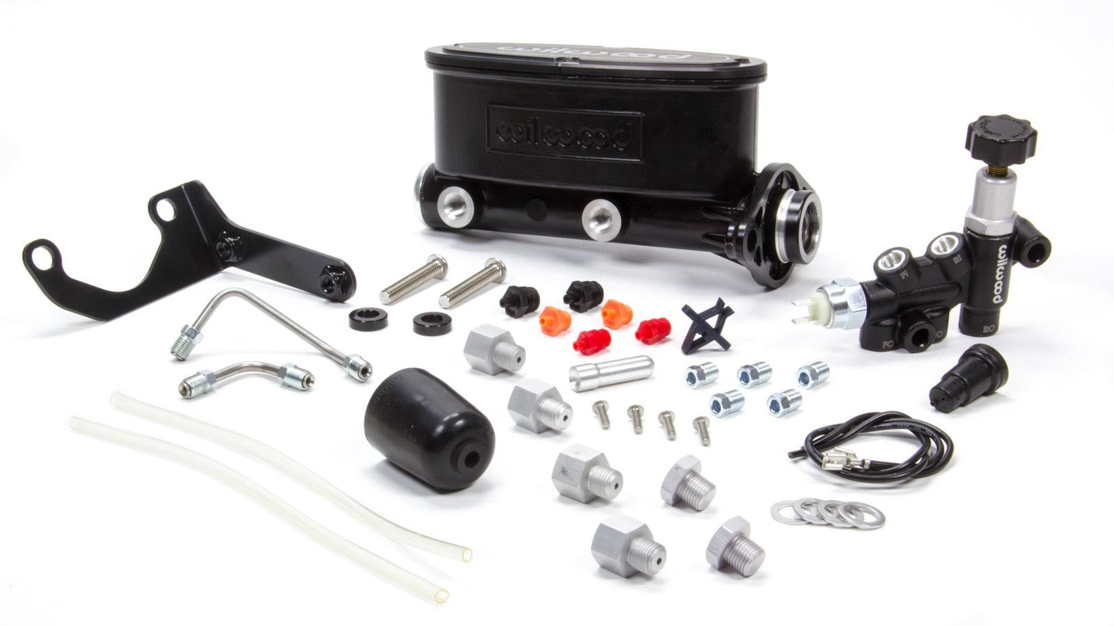 Wilwood Alum Tandem Master Cylinder Kit with Brake Bracket and Proportioning Valve, 1 Inch Bore, 1.100 Inch Stroke, Black Finish